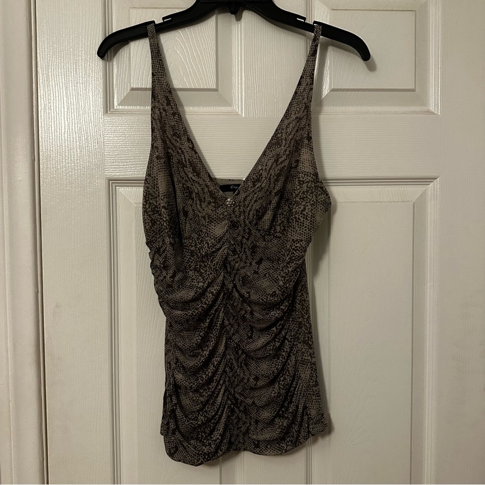 Express Brown Printed Ruched V-Neck Camisole